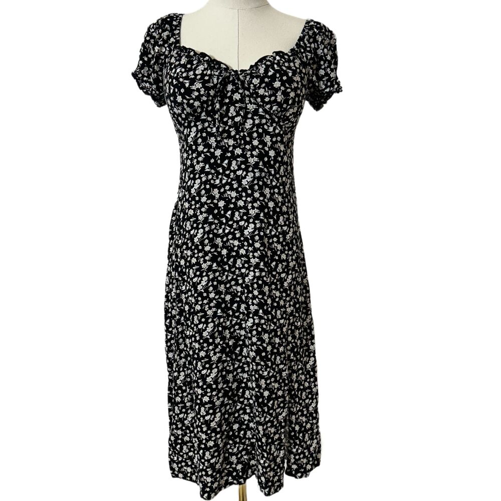 Vtg NOBO Floral Puff Sleeve Midi Dress Black White M 7-9 Square Neck